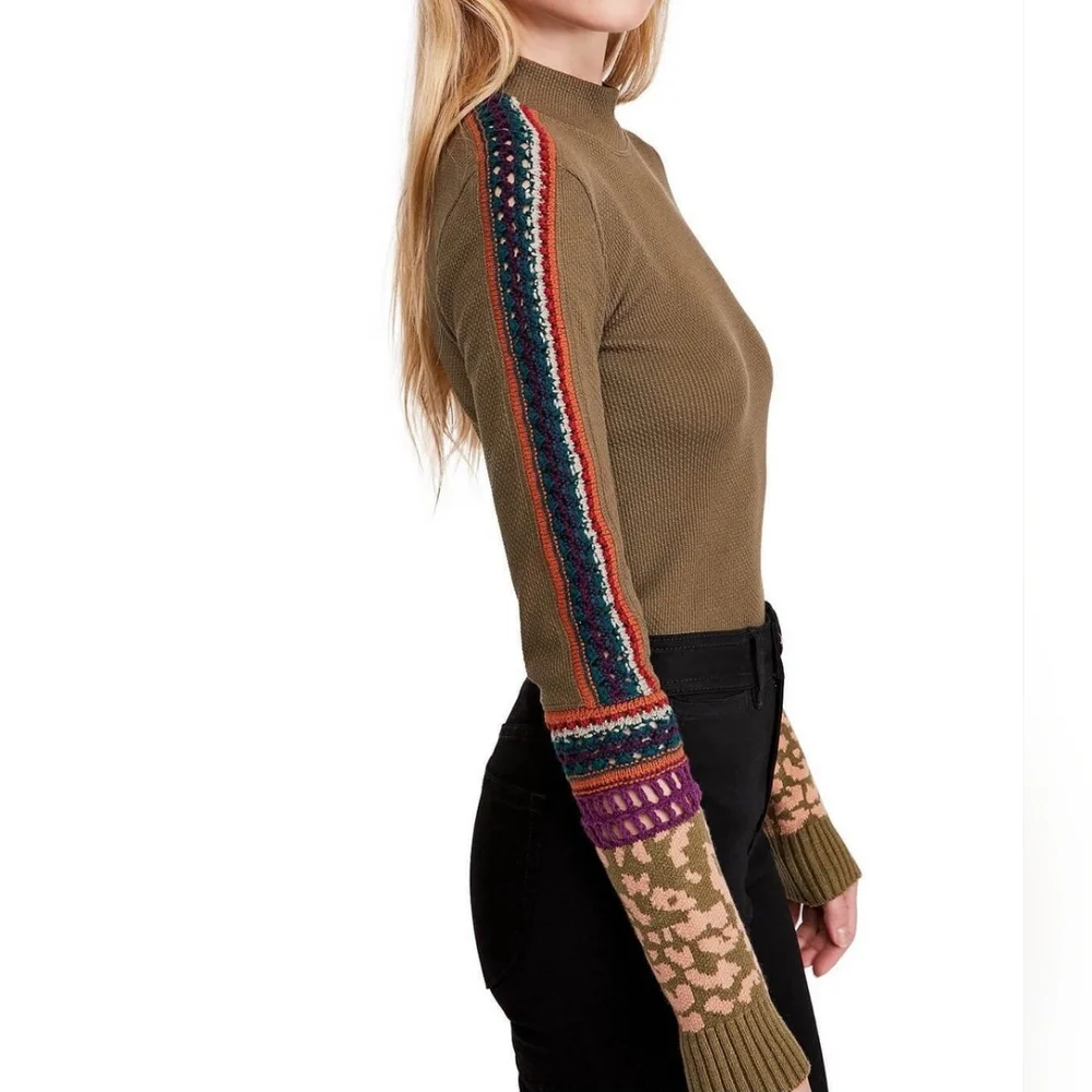 Free People Switch It Up Cuff Thermal Shirt Green Multi-color‎ Size XS